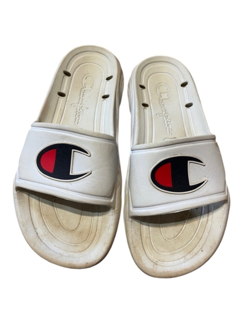 Champion White youth Slide Sandals with Red & Black Logo